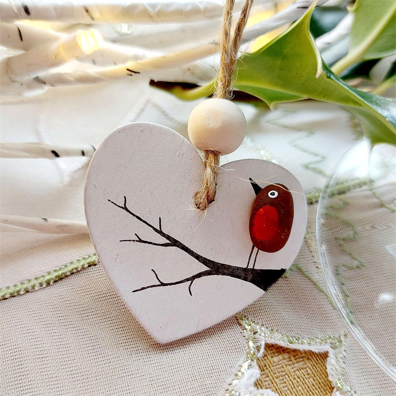 Sea Glass Robin Heart Decoration