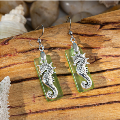 Beach Sea Glass Earrings Blue Silver Starfish Pierced Hooks Turquoise Dangles