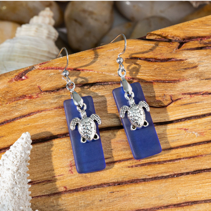 Beach Sea Glass Earrings Blue Silver Starfish Pierced Hooks Turquoise Dangles