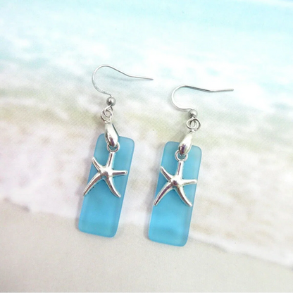 Beach Sea Glass Earrings Blue Silver Starfish Pierced Hooks Turquoise Dangles